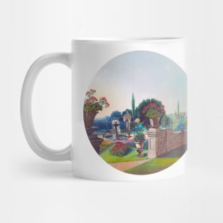 Garden with gushing fountain and flowerpots Mug